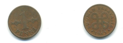 Финляндия 1 пенни 1963 первый год KM 44 медь 4364-113