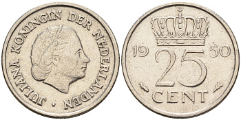Нидерланды 25 центов 1950 Юлиана (1949-1980) KM 183 никель    4174-639