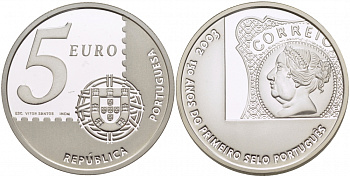 Португалия 5 евро 2003 150 летие первой Португальской марке, тираж 20000 экземпляров KM 749 серебро PROOF 05-095-41