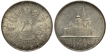 Австрия 25 шиллингов 1957 800 лет Базилике Мариацелля KM 2883 серебро aUNC 1520-132