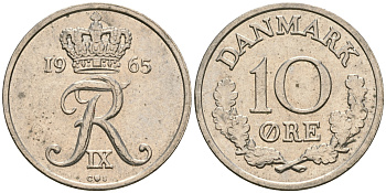 Дания 10 эре 1965 C;S, Фредерик IX (1947-1972) КМ 849.1 медно-никель 08-1437