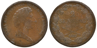 Швеция 2 скиллинга 1837 Карл XIV Юхан (1818-1844) KM 442 медь 4112-113