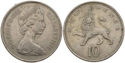 Великобритания 10 пенсов 1968 Елизавета II (1952-2022) KM 912, Spink 4231 (F1) медно-никель 4599-246