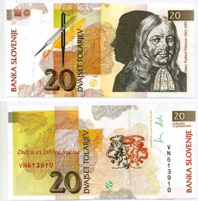 Словения 20 толаров 1992 Янез Вайкард Вальвазор Pick 12 a бумага UNC (пресс) 8616-47-2