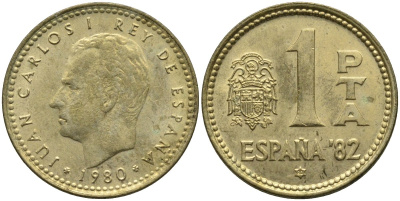 Испания 1 песета 1980 (80) чемпионат мира по футболу KM 816 алюминиевая бронза 4171-453