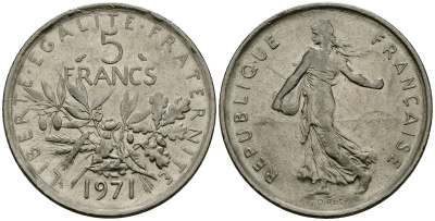 Франция 5 франков 1971 сеятель KM 926a.1, Le Franc 341.3 медно-никель плакированный никелем 4120-434