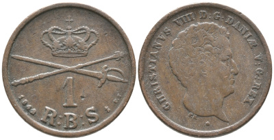 ДАНИЯ 1 РИГСБАНКСКИЛЛИНГ 1842 FF, КРИСТИАН VIII (1839-1848) KM 726.1 (С120.1) медь 34-541