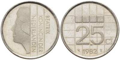 Нидерланды 25 центов 1982 Беатрикс (1980-2013) KM 204 никель 66-1212