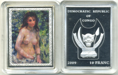 Конго 10 франков 2009 серия шедевры мировой живописи, ОГЮСТ РЕНУАР, ОБНАЖЕННАЯ НА СОЛНЦЕ, серебрение, размер 35Х46 мм., цветная эмаль медно-никель PROOF 00-00