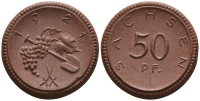 Саксония 50 пфеннигов 1921 виноград и лопата J. N 54 фарфор UNC 1094-8-52