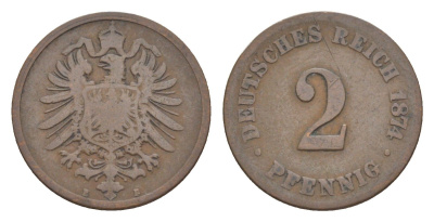 Германия 2 пфеннига 1874 E, Вильгельм I (1871-1888) KM 2, J. 2, Weege 3 медь 4639-1158