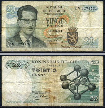 Бельгия 20 франков 1964 Бодуэн I, атомиум, d Haeze Pick 138 (1) бумага 6299-44-2-2
