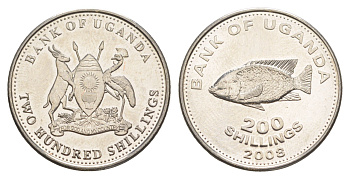 Уганда 200 шиллингов 2008 KM 68 медно-никель UNC 4650-1251