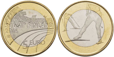 Финляндия 5 евро 2016 спорт, который любят финны, беговые лыжи KM 244 биметалл UNC M49-3