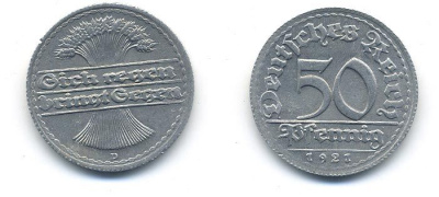 ГЕРМАНИЯ 50 ПФЕННИГОВ 1921 D KM 27, J. 301 алюминий 58-445