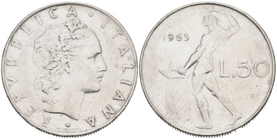 Италия 50 лир 1963 R, Бог огня Вулкан у наковальни KM 95.1 нержавеющая сталь 4573-812