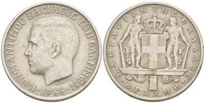 ГРЕЦИЯ 1 ДРАХМА 1966 КОНСТАНТИН II (1964-1973) KM 89 медно-никель 4182-1132