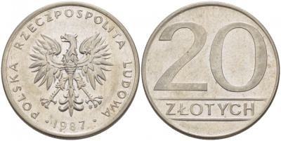 ПОЛЬША 20 ЗЛОТЫХ 1987 MW KM 153.1 медно-никель 77-715