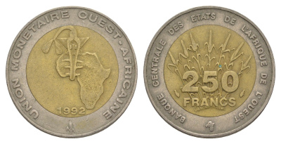Западная Африка (BCEAO) 250 франков 1992 Центральный банк государств Западной Африки KM 13 биметалл 4642-345