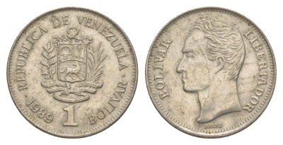 Венесуэла 1 боливар 1989 Симон Боливар, толстый шрифт Y 52a.2 сталь плакированная никелем 4589-152