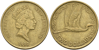 Новая Зеландия 2 доллара 1990 Елизавета II (1952-2022), большая белая цапля KM 79 алюминиевая бронза 51-4021