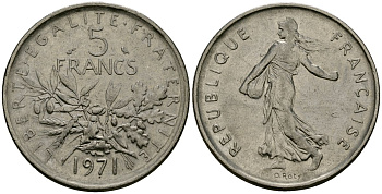 Франция 5 франков 1971 сеятель KM 926a.1, Le Franc 341.3 медно-никель плакированный никелем 4120-1235