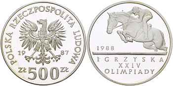 Польша 500 злотых 1987 MW, XXIV летние Олимпийские игры 1988 года в Сеуле, конный спорт KM 165, Parchimowicz 331 серебро PROOF 1085-1-73
