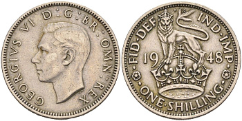 Великобритания 1 шиллинг 1948 Георг VI (1936-1952), Английский герб KM 863, Spink 4103 медно-никель 4126-443