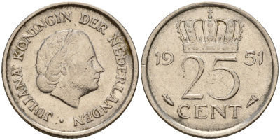 Нидерланды 25 центов 1951 Юлиана (1949-1980) KM 183 никель    4598-348