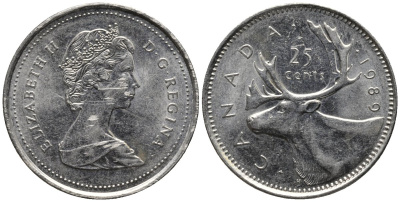 Канада 25 центов 1989 олень, Елизавета II (1952-) KM 74 никель 4577-844