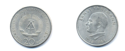 ГДР 20 марок 1971 A, 85 лет со дня рождения Эрнста Тельмана KM 34, J. 1535 медно-никель 3333-612