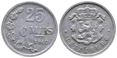 ЛЮКСЕМБУРГ 25 САНТИМОВ 1960 KM 45а.1 алюминий 4383-434