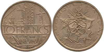Франция 10 франков 1977 тип Матье KM 940, Le Franc 365.9-10 никель латунь 181-442
