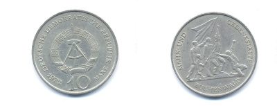 ГДР 10 марок 1972 A, мемориал Бухенвальда KM 38, J. 1539 медно-никель 3333-223