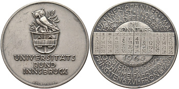 Австрия медаль 1965 серия университет Инсбрука, открытия 1965 года, медальер Kolblinger, диаметр 40 мм., серебрение бронза 4552-233