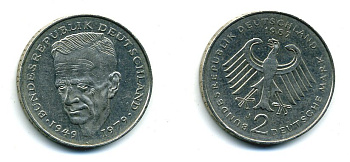 ФРГ 2 МАРКИ 1987 J, КУРТ ШУМАХЕР KM 149, J. 424 медно-никель плакированный никелем плакированный никелем 25-1921
