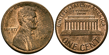США 1 цент 1986 Линкольн KM 201b цинк плакированный медью 4136-319