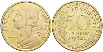 ФРАНЦИЯ 50 САНТИМОВ 1962 ТИП MARIANNE, 4 PLIS KM 939.2, LE FRANC 197.4, GADOURY 427 алюминиевая бронза 272-611