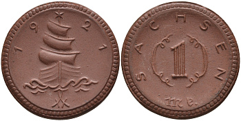 Саксония 1 марка 1921 парусник J. N 55 фарфор 1094-4-62