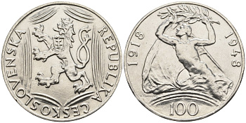 Чехословакия 100 крон 1948 30 лет независимости KM 27 серебро UNC 87-1046