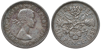 Великобритания 6 пенсов 1959 Елизавета II (1952-2022) KM 903, Spink 4149 медно-никель 4122-621