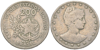 Бразилия 200 реалов 1901 MCMI, голова свободы вправо KM 504 медно-никель 4612-341