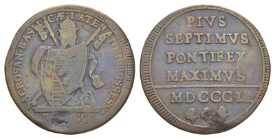 Папская область 1 байокко 1801 Пий VII (1800-1823) KM 1263 медь 633-241