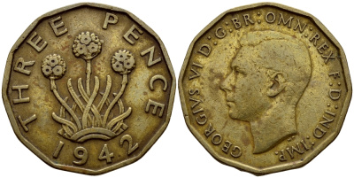Великобритания 3 пенса 1942 Георг VI (1936-1952) KM 849, Spink 4112 никель латунь 4395-1221