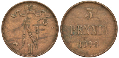 Россия для Финляндии 5 пенни 1908 Николай II (1894-1917) KM 15, Биткин 449 медь 75-753