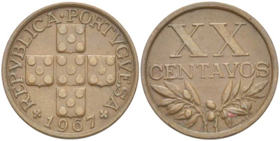 ПОРТУГАЛИЯ 20 СЕНТАВО 1967 KM 584 бронза 4513-1243