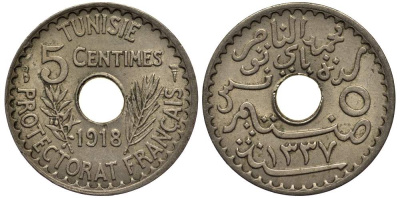 ТУНИС 5 САНТИМОВ 1918 АН1337, MOHAMMAD al-NASIR BEY KM 242 никель бронза 24-1223