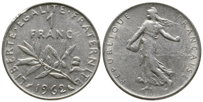 ФРАНЦИЯ 1 ФРАНК 1962 СЕЯТЕЛЬ KM 925.1 никель 93-1436