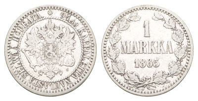 Россия для Финляндии 1 марка 1865 S, Александр II (1855-1881) Биткин 625 серебро 1530-945