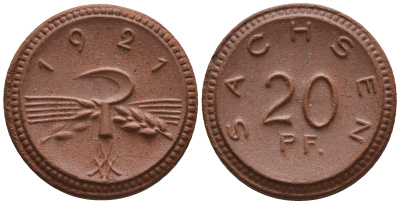 Саксония 20 пфеннигов 1921 колосья и серп J. N 53 фарфор UNC 1094-8-71